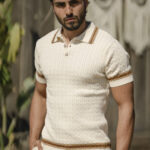 Polo tricot entrançado com risca Areia