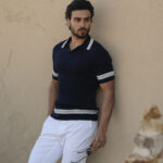 Polo tricot entrançado com risca Azul