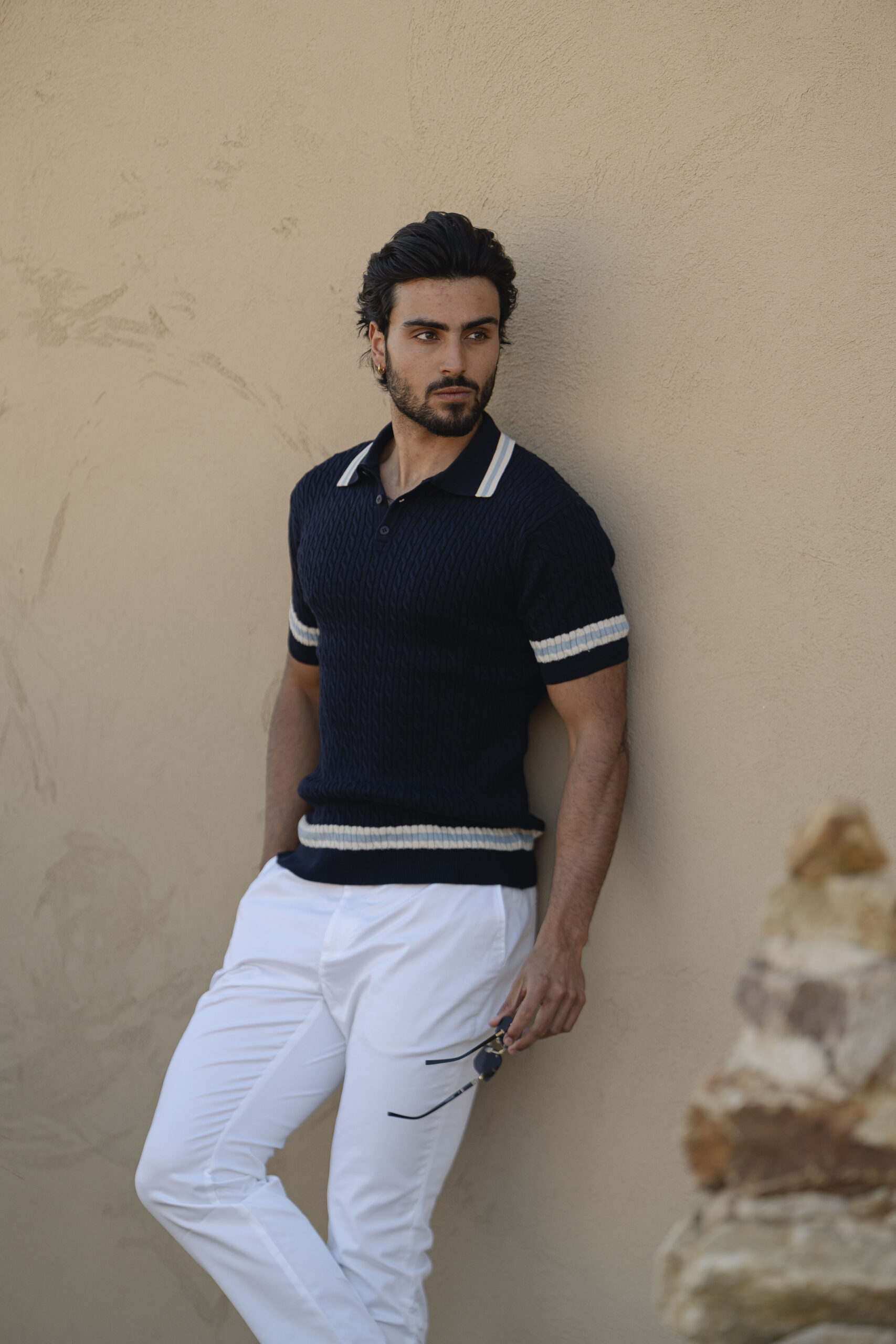 DSC03583 Polo tricot entrançado com risca Azul - Image 1
